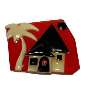 VINTAGE HOUSE PINS BY LUCINDA RED BLACK HOUSES WITH White PALM TREE Brooch Pin